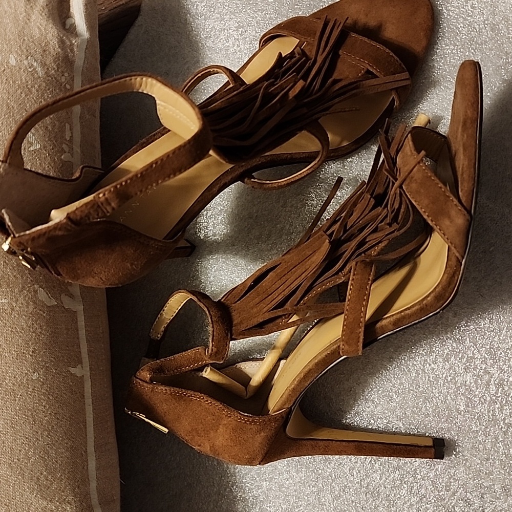 Ann Taylor Boho Brown Fringe Women's Sandals Heels Women's Ladies sz 7.5